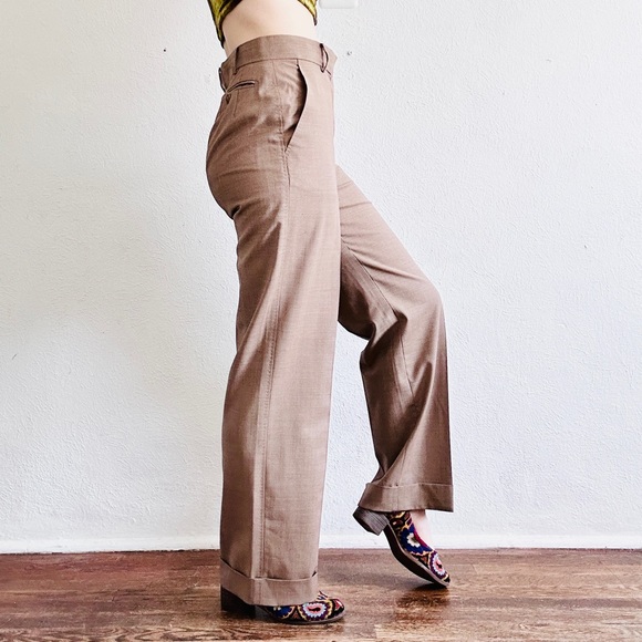 MAXMARA Italian Wool Mohair Beige Wide Leg High Cuff Waisted Trousers Pants - Picture 5 of 12